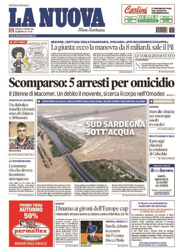 La Nuova Sardegna - Prima Pagina - 11 ottobre 2018