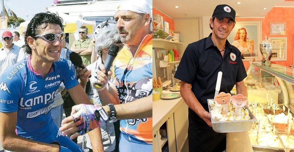 A sinistra Paolo Fornaciari intervistato da Paolo Brosio quando correva per la Lampre. A destra il corridore viareggino nella sua nuova veste di gelataio dietro il banco dell’Ultimo Kilometro a Montecatini
