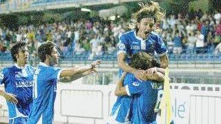 La gioia dei giocatori dell’Empoli dopo la seconda rete messa a segno nella sfida interna contro il Piacenza