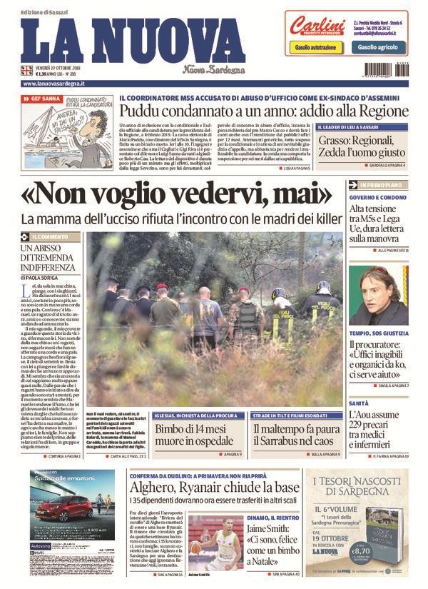 La Nuova Sardegna - Prima Pagina - 19 ottobre 2018