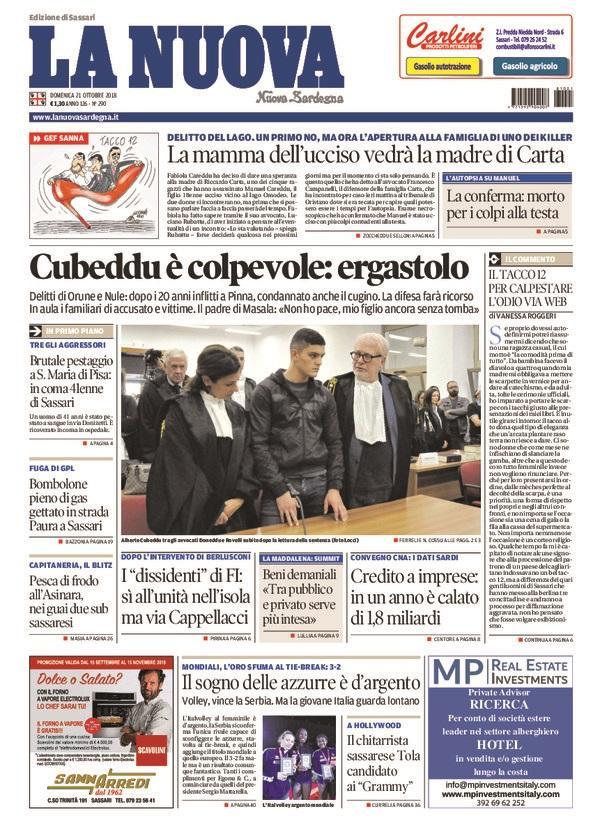 La Nuova Sardegna - Prima Pagina - 21 ottobre 2018