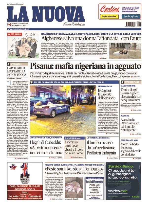 La Nuova Sardegna - Prima Pagina - 23 ottobre 2018