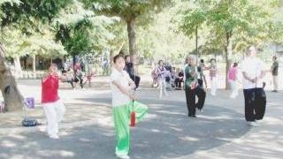 Sopra un momento del Tai Chi praticato da cinesi e pratesi nei giardini di via Colombo