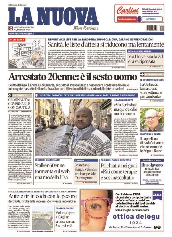 La Nuova Sardegna - Prima Pagina - 24 ottobre 2018