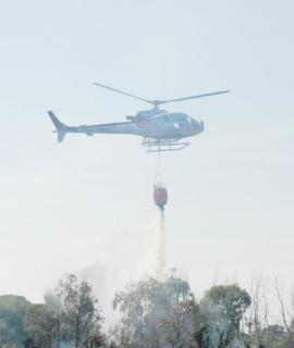 L’azione di uno degli elicotteri alla Sterpaia, e un vigile del fuoco mentre lavora nel bosco con una pompa per spegnere le fiamme