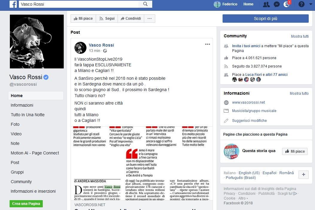 Vasco Rossi su Facebook: «Le uniche tappe del live 2019: Milano e Cagliari»