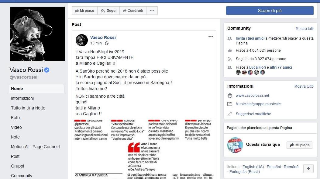Vasco Rossi su Facebook: «Le uniche tappe del live 2019: Milano e Cagliari»