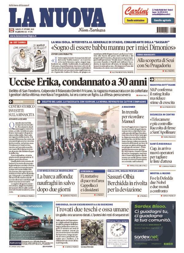La Nuova Sardegna - Prima Pagina - 27 ottobre 2018