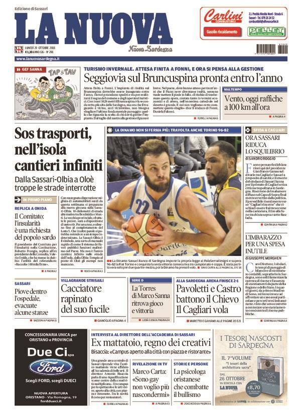 La Nuova Sardegna - Prima Pagina - 29 ottobre 2018
