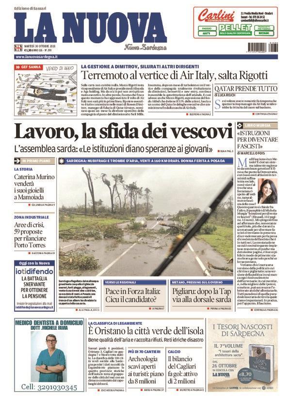 La Nuova Sardegna - Prima Pagina - 30 ottobre 2018