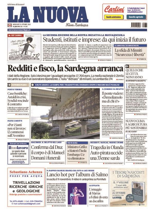 La Nuova Sardegna - Prima Pagina - 31 ottobre 2018