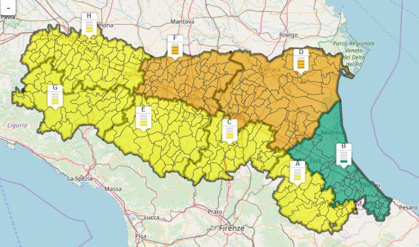 La mappa dell'allerta meteo nel territorio regionale