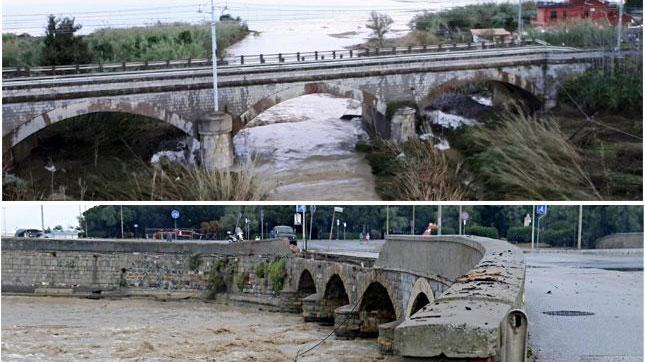 Due torrenti gemelli: il Milicia, in alto, esondato a Palermo e il Rio Ardenza ai Tre Ponti a Livorno esondato nel settembre del 2017