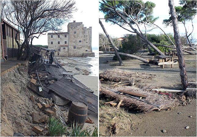 La spiaggia cancellata dal mare a Torre Mozza; e la pineta della Sterpaia abbattuta dal vento