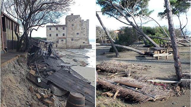 La spiaggia cancellata dal mare a Torre Mozza; e la pineta della Sterpaia abbattuta dal vento