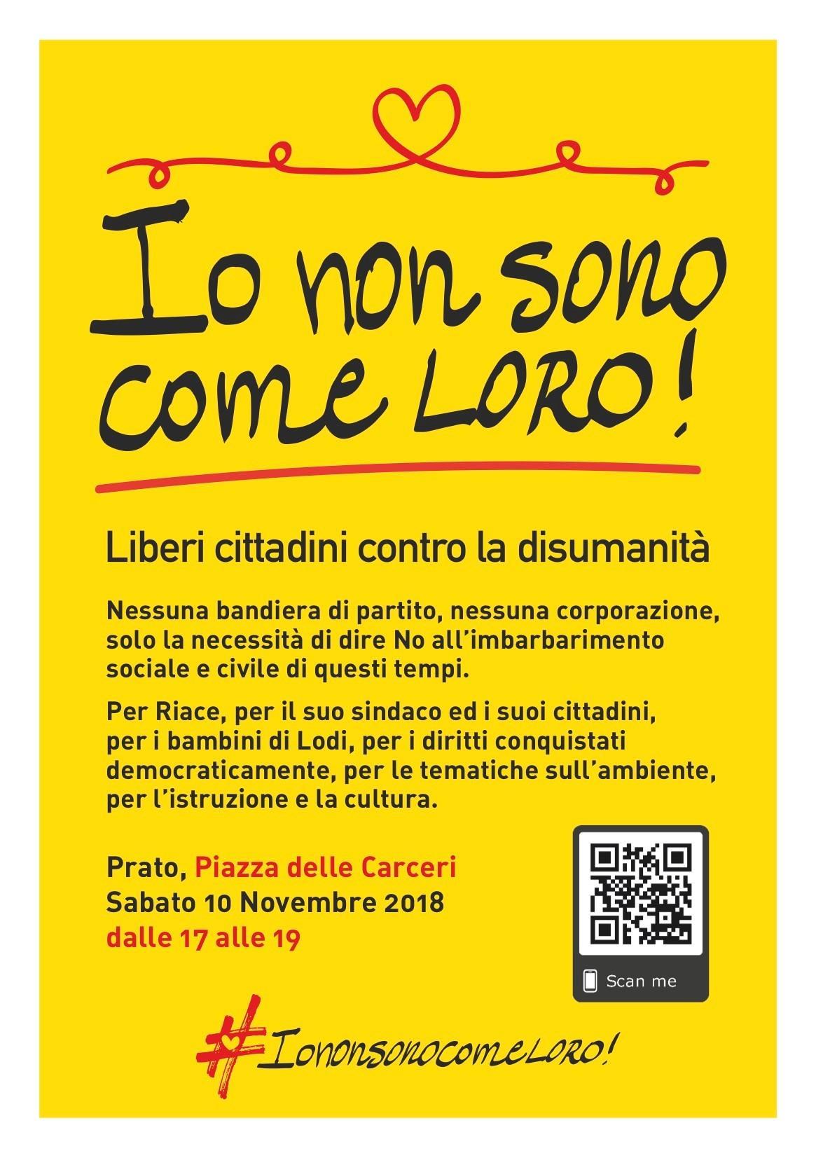 Il volantino della manifestazione "Io non sono come loro"