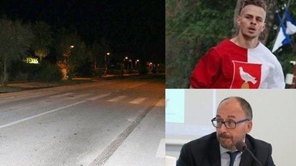 A sinistra, il punto in cui i tre giovani sono stati travolti. A destra dall'alto, Lorenzo Pettinari e il padre Claudio