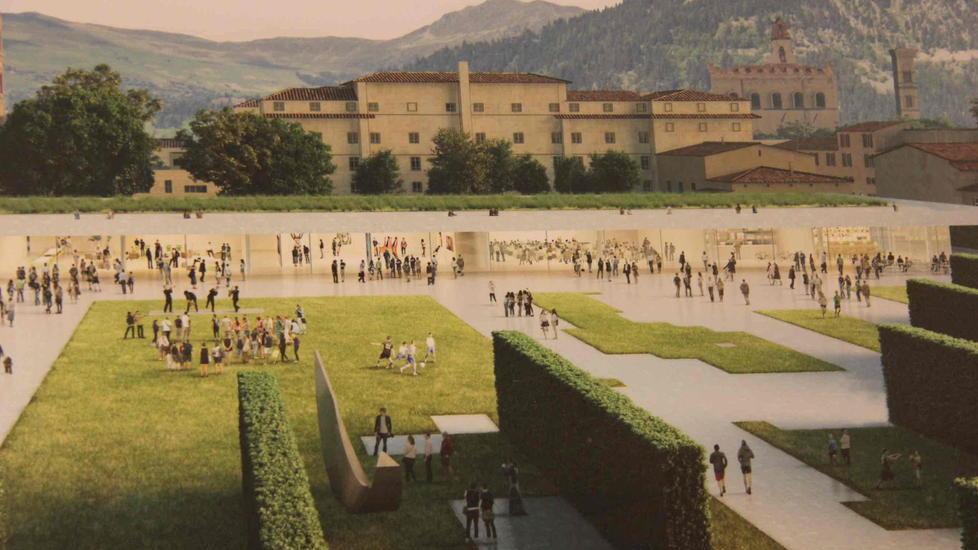 Un rendering del futuro parco centrale dopo l'abbattimento del vecchio ospedale di Prato