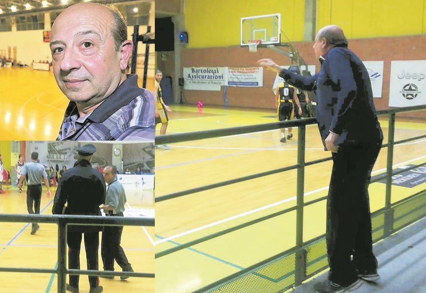 In alto a sinistra, don Piergiorgio Baronti; sotto. i carabinieri parlano con l'arbitro. A destra, lo show del prete sugli spalti