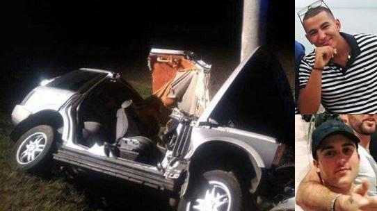 Il suv dopo lo schianto e i ragazzi. In alto Fuckahi e sotto De Matteis