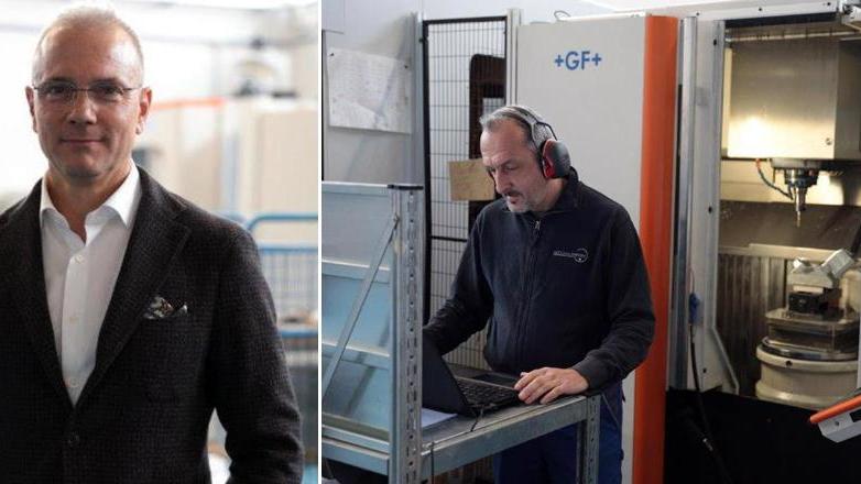 L’imprenditore Gabriele Togneri e a destra un addetto al lavoro nella sede di Meccanica Precisa