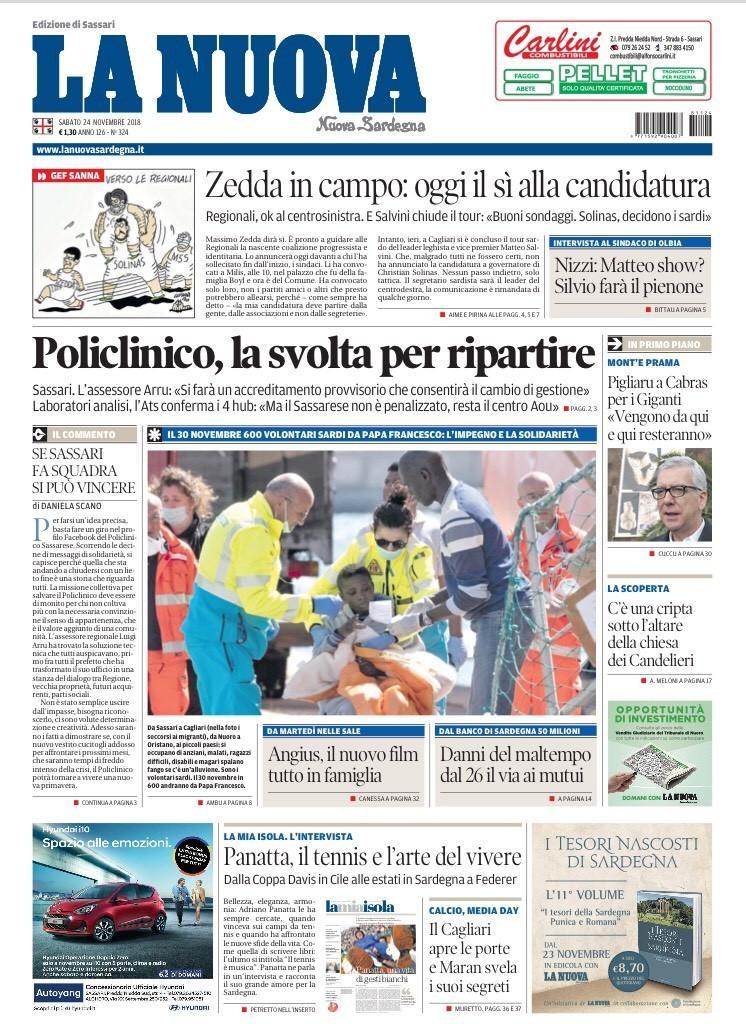 La Nuova Sardegna - Prima Pagina - 24 novembre 2018