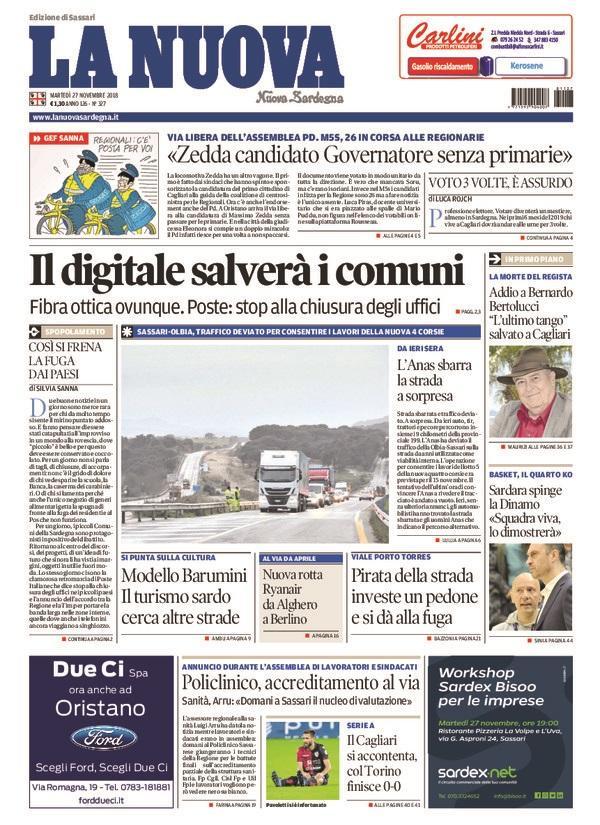 La Nuova Sardegna - Prima Pagina - 27 novembre 2018