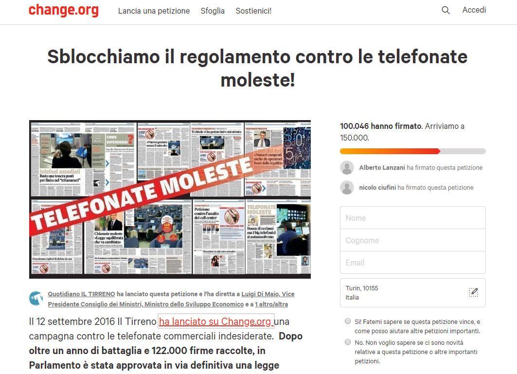 Telefonate moleste, petizione per sbloccare il regolamento: superate le 100mila firme