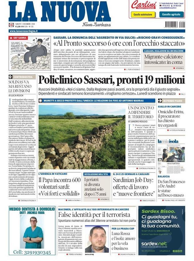 La Nuova Sardegna - Prima Pagina - 1 dicembre 2018