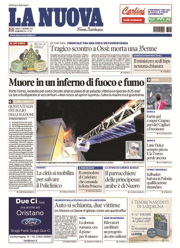 La Nuova Sardegna - Prima Pagina - 3 dicembre 2018