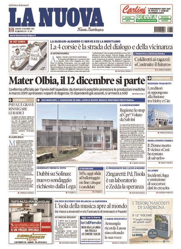 La Nuova Sardegna - Prima Pagina - 4 dicembre 2018