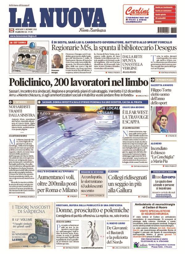 La Nuova Sardegna - Prima Pagina - 5 dicembre 2018
