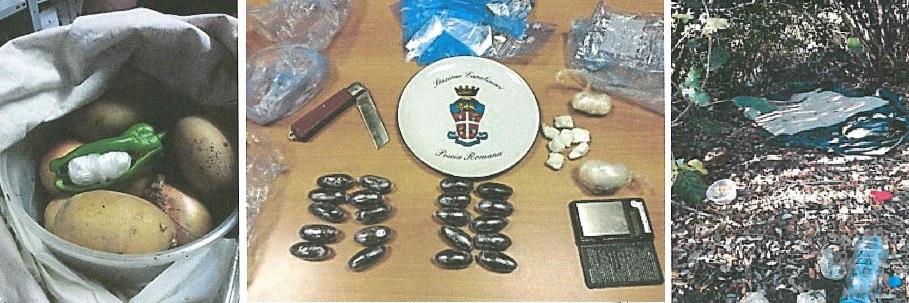 Da sinistra la droga nascosta in un peperone per essere trasportata, materiale sequestrato agli spacciatori e uno dei bivacchi degli spacciatori in un bosco