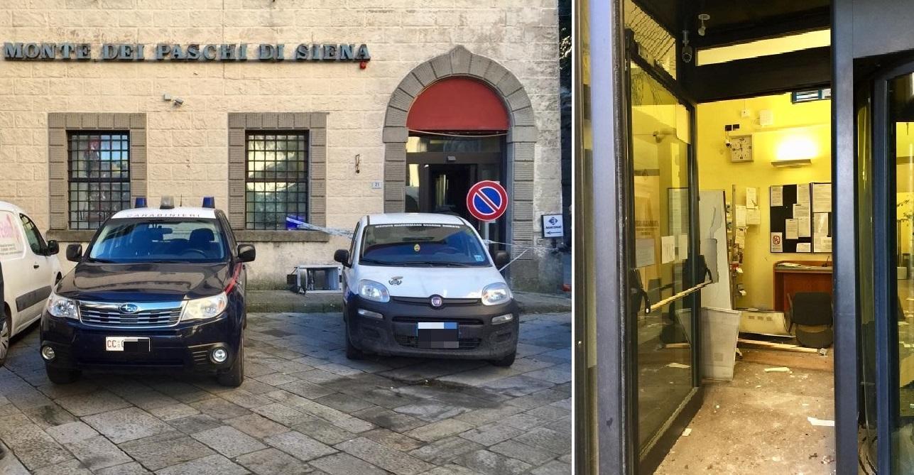 La filiale dei Monte di Paschi rapinata e, a destra, la devastazione lasciata dai ladri

