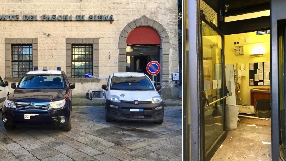 La filiale dei Monte di Paschi rapinata e, a destra, la devastazione lasciata dai ladri