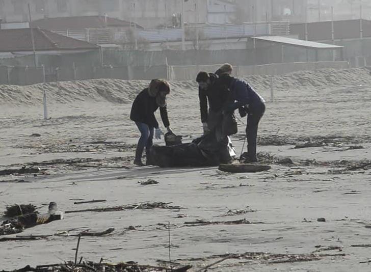 Volontari puliscono la spiaggia