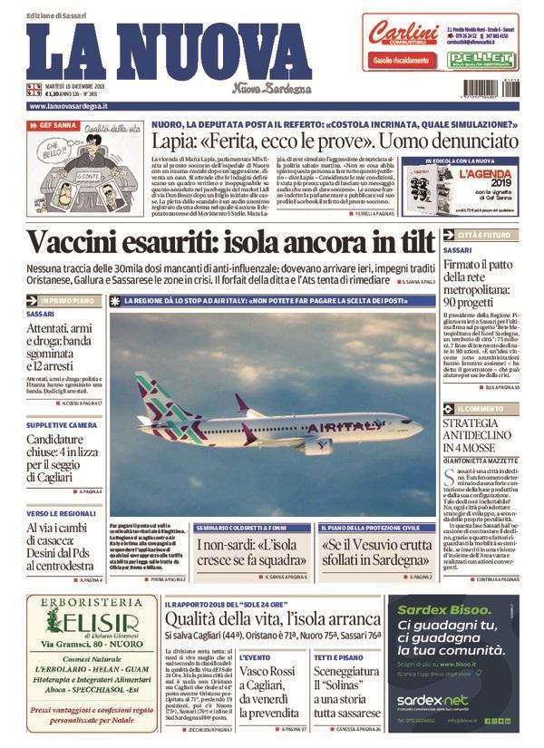 La Nuova Sardegna - Prima Pagina - 18 dicembre 2018