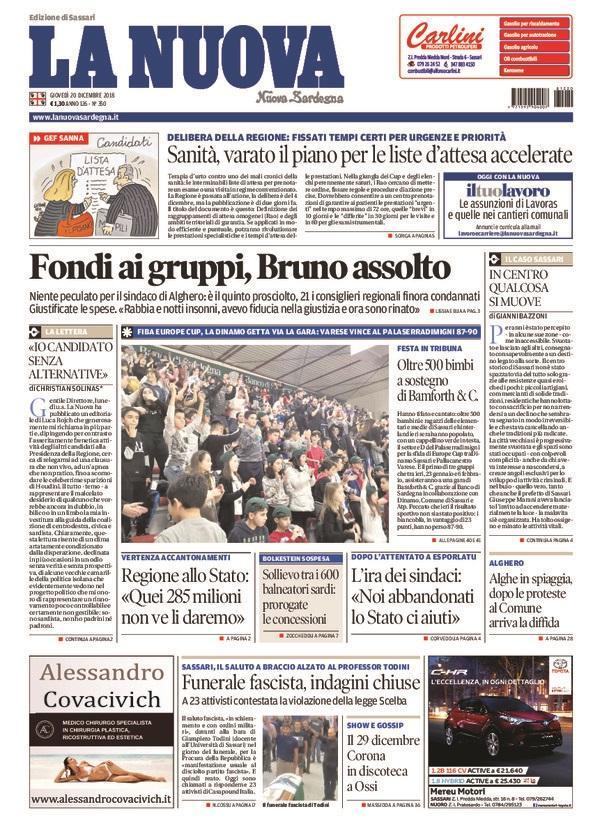 La Nuova Sardegna - Prima Pagina - 20 dicembre 2018