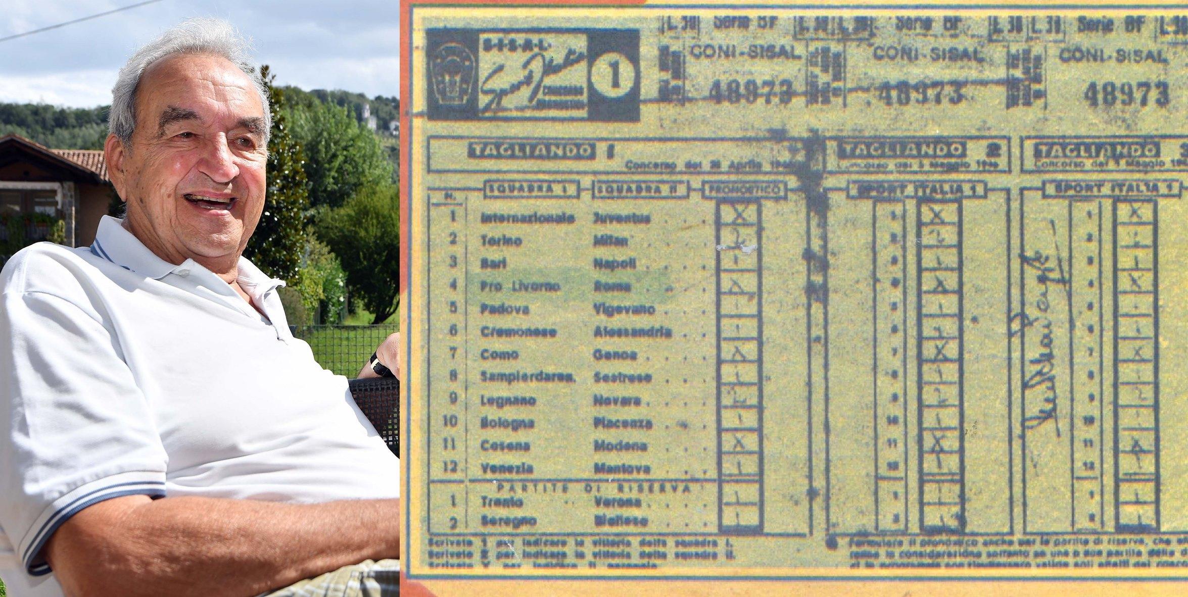 Bruno Pizzul e la schedina del primo concorso Totocalcio