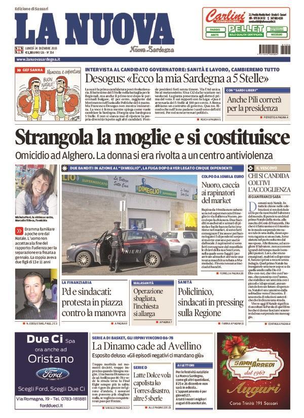 La Nuova Sardegna - Prima Pagina - 24 dicembre 2018