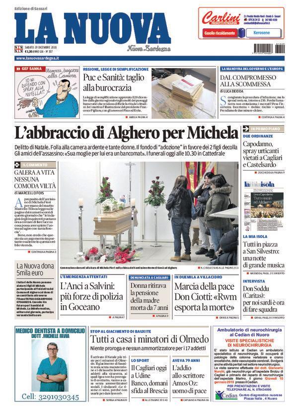 La Nuova Sardegna - Prima Pagina - 29 dicembre 2018