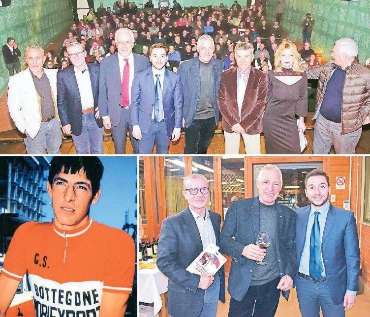 In alto, un momento della serata al cinema Moderno di Agliana. Sotto a sinistra Moser giovanissimo nel 1971 con la maglia della Bottegone Mobilexport e, a destra, con l'assessore Alfredo Buscioni e il sindaco di Agliana Giacomo Mangoni