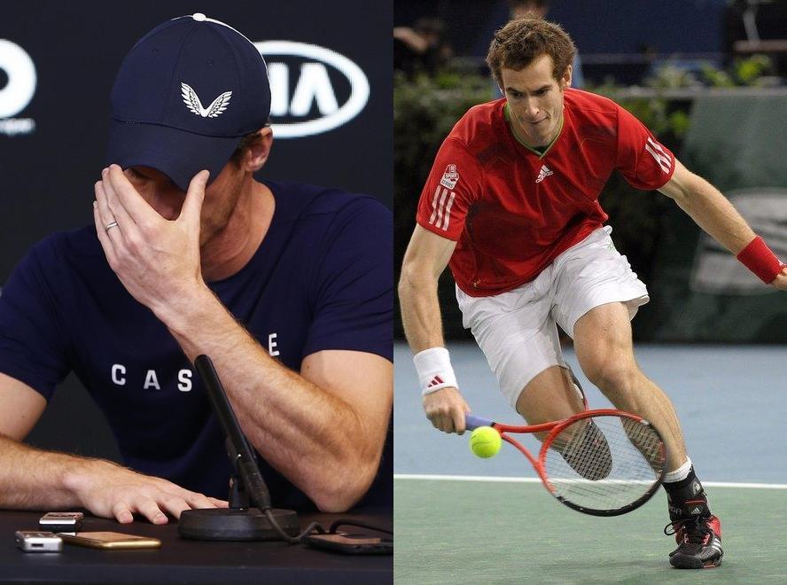 Murray commosso mentre annuncia il suo addio e, a destra, in azione