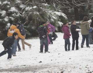 Ragazzi giocano con la neve in Pineta; in alto Protezione civile all’opera per ripulire la strada all’ingresso di Montecatini Alto; a destra una suggestiva immagine del lungofiume a Pescia