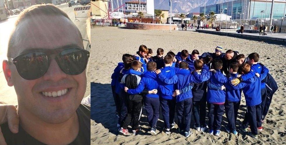 Giacomo Galeotti e, a destra, i suoi Pulcini durante un allenamento sulla spiaggia