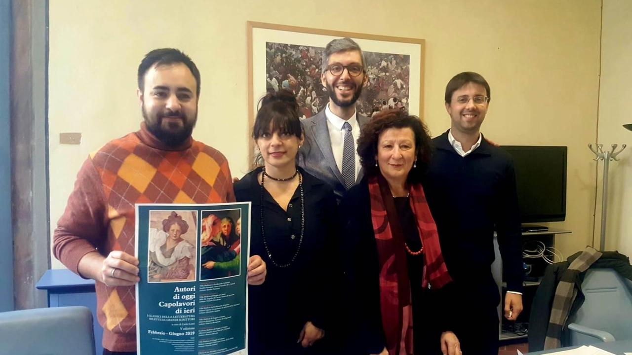 Il sindaco Edoardo Prestanti, l’assessore Stella Spinelli, il sindaco Francesco Puggelli, la curatrice Carla Lomi e l’assessore Giacomo MarI