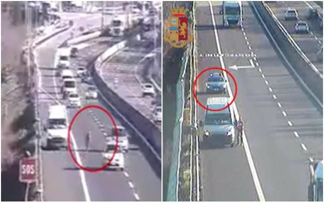 Perde il carico in A11, guida in retromarcia e attraversa tra tir e auto per recuperarlo - Video 