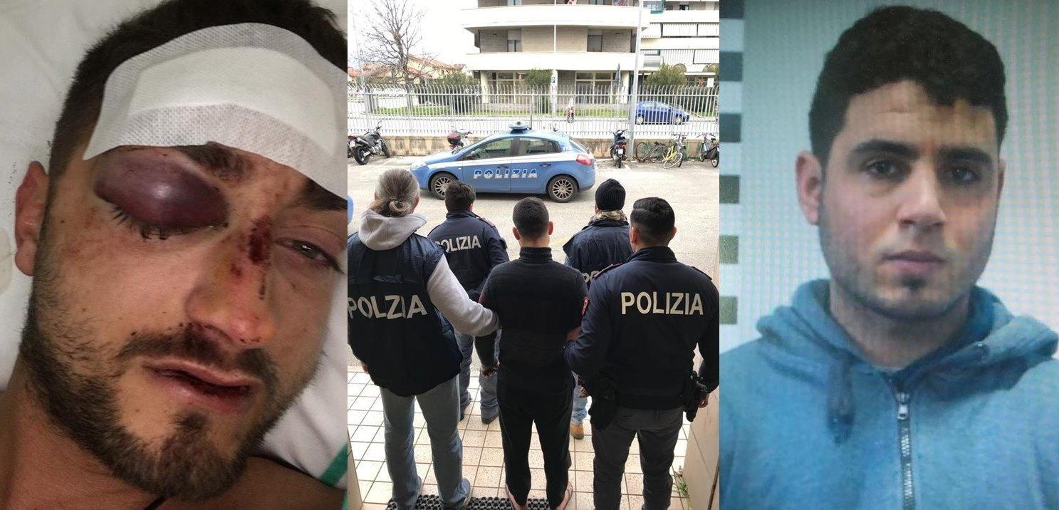 Da sinistra: la foto choc dell'agente Aniello Fierro in ospedale, l'arresto del suo aggressore Mustapha Rami (a destra)