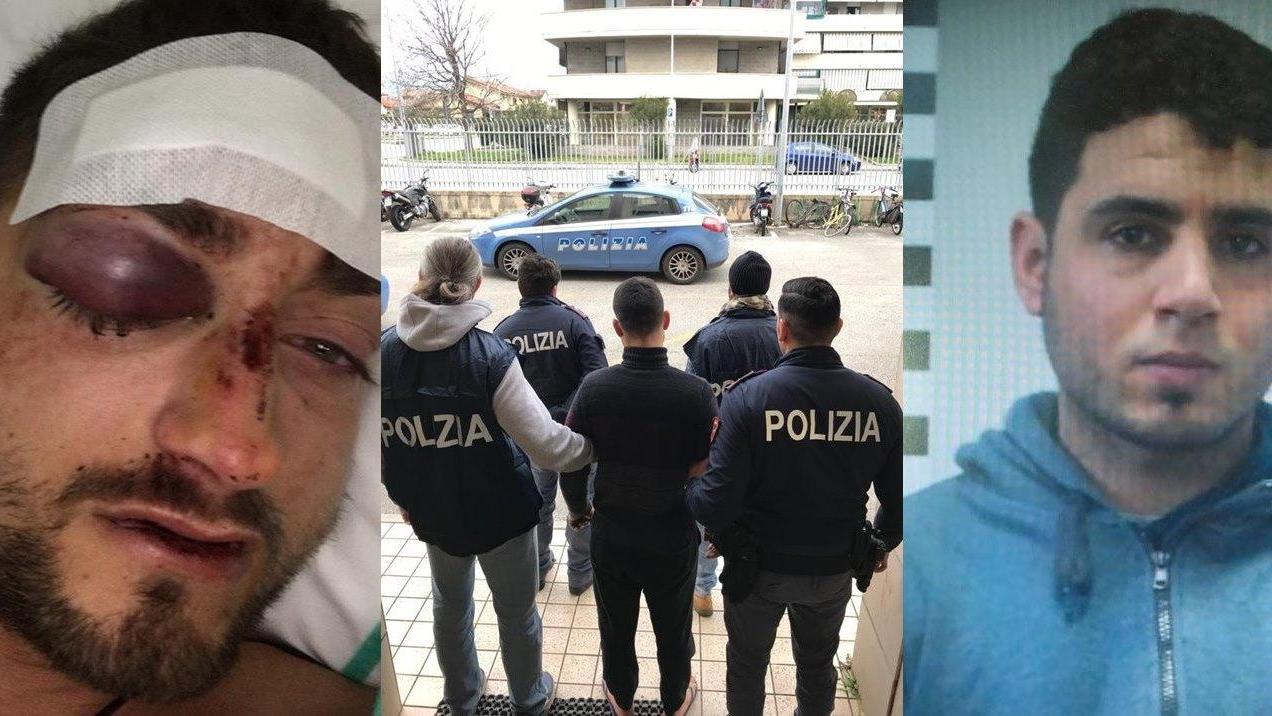Da sinistra: la foto choc dell'agente Aniello Fierro in ospedale, l'arresto del suo aggressore Mustapha Rami (a destra)