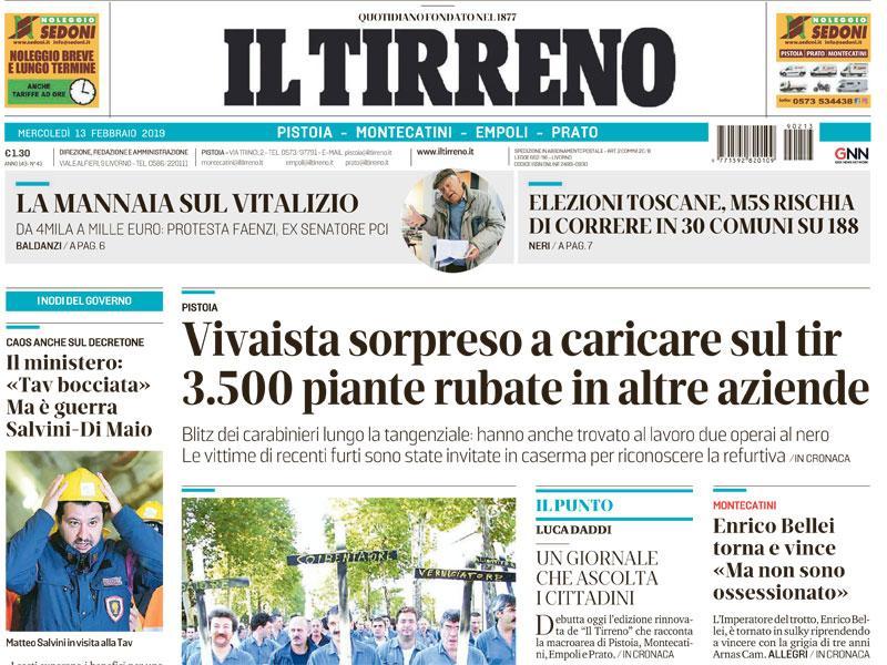 Un ritaglio della prima pagina di mercoledì 13